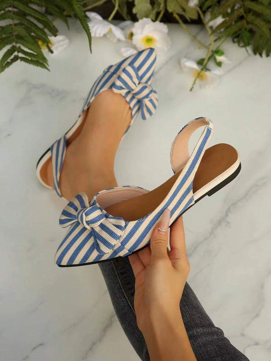 Blue & White Pointed Toe Flat Shoes With Bowknot Design, Elegant Casual Slip-On Flats For Women, Hollow-Out Loafers, Fall, Spring/Autumn