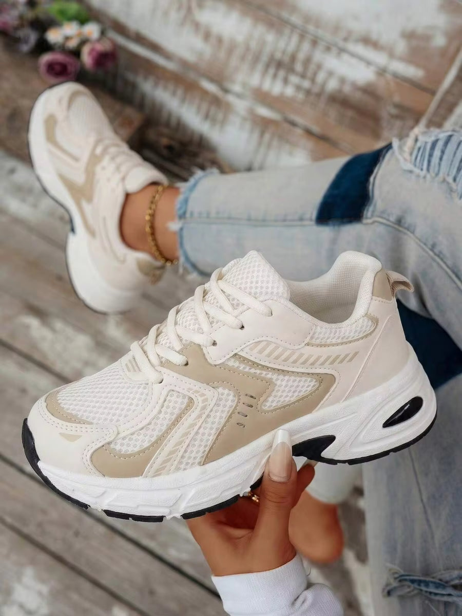 2026 Spring/Summer New Soft Leather Thick-Soled Chunky Sneakers, Women's Breathable Mesh Running Shoes, Casual Sports Shoes